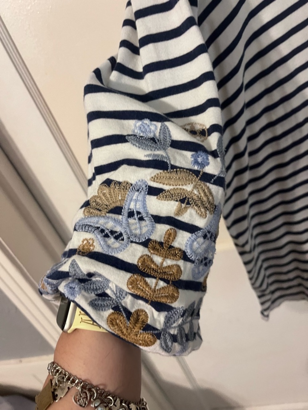 J. Jill Navy and White Striped V-Neck Tunic with Embroidery Sleeves - Picture 3 of 5
